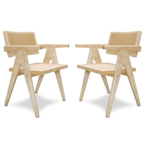 Polynices Rattan Dining Chairs Set of 2,100% Solid Wooden Armchair Cane Kitchen Chairs with Arms,Comfy Outdoor Rattan Chairs for Reading Room Bedroom Living Room Dining Kitchen