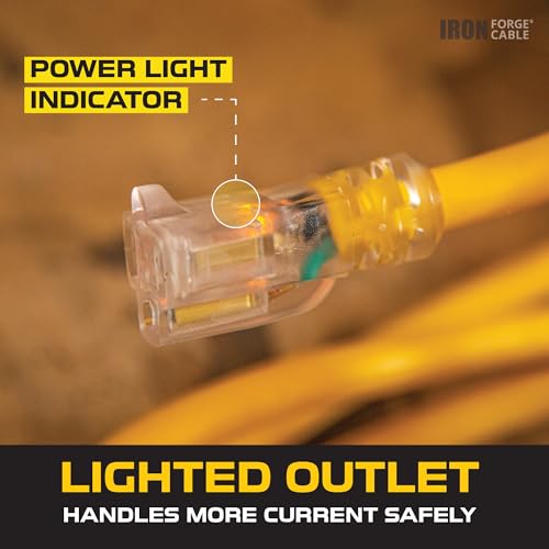 IRON FORGE CABLE 15 Foot Lighted Outdoor Extension Cord - 12/3 SJTW Heavy Duty Yellow Extension Cable with 3 Prong Grounded Plug for Safety, 15 AMP - Great for Garden and Major Appliances by Iron Forge Cable - Used condition - Image 5