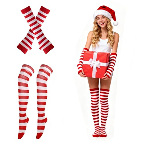 Womens Striped Tights and Striped Arm Warmers, Knee High Socks Long Y2K Fingerless Gloves, White and Red Elf Tights Christmas Stripe Stockings for Women Girls