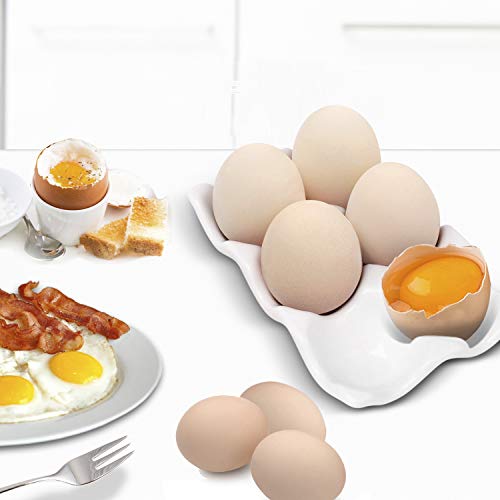 Flexzion Ceramic 6 Cups Egg Tray - Half Dozen Porcelain Egg Holder Container Keeper Storage Organizer Decorative Serving Dish Serveware For Refrigerator Fridge Countertop Display Kitchen (White) #TOP2