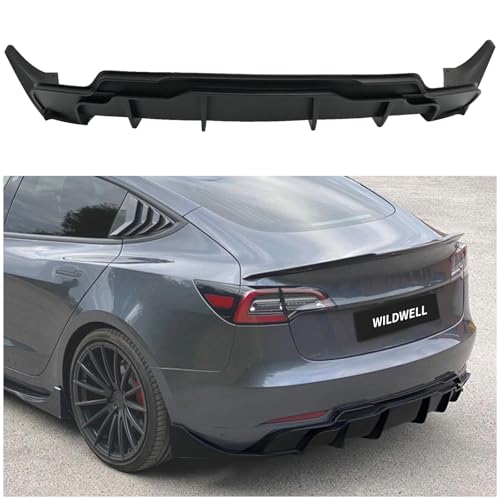 WildWell Rear Bumper Diffuser for 2017-2023 Tesla Model 3, Rear Diffuser Lip Splitter Performance Style Shark Fin Design with Side Aprons Matte Black