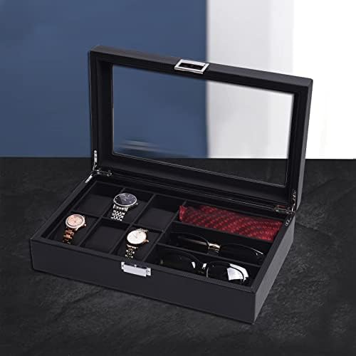 MQFORU Watch Box Carbon Fiber, Watch Sunglasses Organizer with Glass Top, Watch Jewelry Display Case, 6 Slots for Watch, 3 Compartments for Eyeglasses Collections