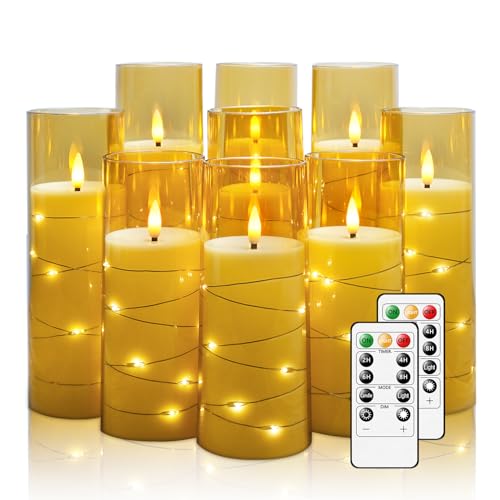 Nimiko Flickering Flameless LED Candles Battery Operated Candles 9 Pcs with Embedded Star String Acrylic LED Pillar Candles with Remote Suitable for Home Decoration to Create an AtmosphereGold