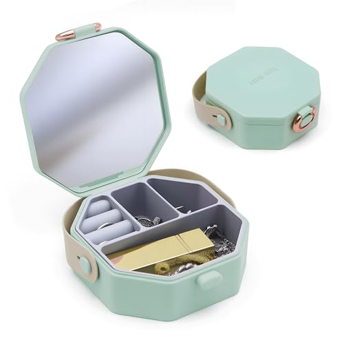 Caixa de joias com laço de camada única com espelho de tamanho pequeno - Organizador de maquiagem espaçoso para brincos, colares, cosméticos | Estojo de armazenamento para mesa de trabalho, presente