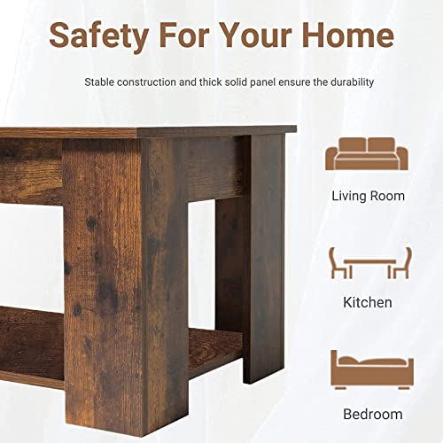 Weenfon Retro Coffee Table, Lift Top Coffee Table With Hidden Storage Compartment & Lower Shelf, Modern Coffee Table With Wooden Lift Tabletop, Rising Dining Table For Living Room, Rustic Brown #TOP3