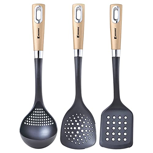 Bergner Centro 3 Pcs Nylon Kitchen Tool Set, 1 Slotted Turner, 1 Ladle and 1 Skimmer, Non-Toxic, Food Safe, Comfortable Grip - Black