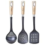 Bergner Centro 3 Pcs Nylon Kitchen Tool Set, 1 Slotted Turner, 1 Ladle and 1 Skimmer, Non-Toxic, Food Safe, Comfortable Grip – Black