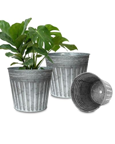 11 Inch Galvanized Planters, 3 Pack Metal Plant Pots with Drainage Hole