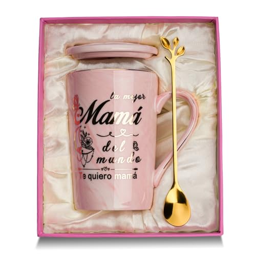 Regalo Madre, Regalos para Madres, Regalo Cumpleaños Madre Taza, Regalo Mamá Imprimir la mejor Mamá del mundo, Te quiero mamá, 14oz Ceramica Taza Regalo para Mama, con Tarjeta, Cuchara Caja de Regalo
