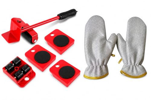 Image of Combo of Furniture Lifter and Mover Tool Set with (Aluminium Dishwashing Hand Glove), Wheels for Heavy Furniture, Heavy Duty Furniture Mover Rollers, Bed Lifter Tool, Heavy Appliances Mover for Home
