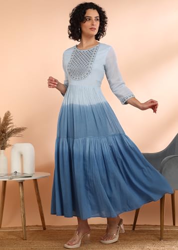 Image of Maaesa Women Embroidered Cotton Flared Dress