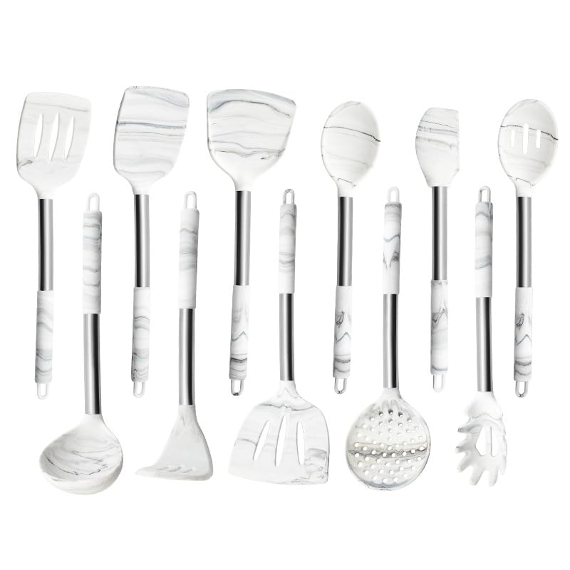 H&A Kitchen Utensil Set, Silicone Cooking Spoons with Stainless Steel Handle, Heat-Resistant, BPA Free Spatula for Nonstick Cookware - Slotted Turner, Soup Ladle, Pasta Server, Skimmer, 11pcs, White