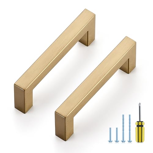 Image of Ravinte 30 Pack Champagne Bronze Cabinet Handles 3-3 /4 Inch Hole Center Stainless Steel Kitchen Square Cabinet Pulls for Dresser Drawer Cupboard Handles with Screwdriver