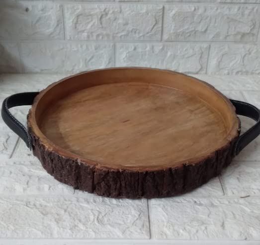 Homez Decor Multipurpose Natural Round Mango Wood Serving Tray with Leather Handles, Bakkal Tray for Coffee Table, Food, Ottoman, Restaurant Home Party Supplies, Bedside (12'' inch)