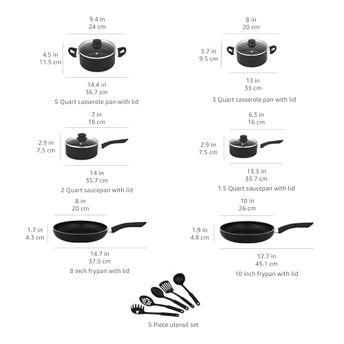 Amazon Basics Non-Stick Kitchen Cookware 15-Piece Set with Stay-Cool Handles, Even Heating, Non-Induction, Includes Pots, Pans, and Utensils, Black view 4