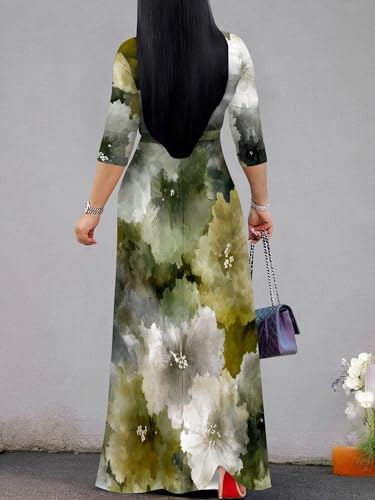 Image of Plus Size Dresses for Women Floral Print Maxi Dress Flowy 3 /4 Sleeve with Belt