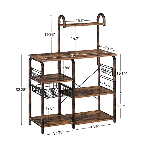 Rolanstar Baker's Rack For Kitchen 35.5" With 6 Shelves And 12 Hooks, Large Capacity Utility Storage Shelf With Microwave Stand Foldable Pull Basket, Stable Retro Metal Frame Rustic Brown #TOP4
