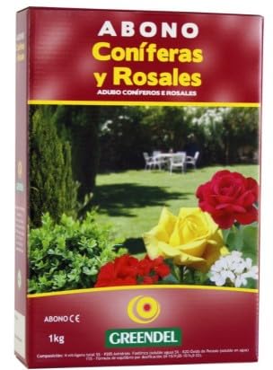 ABONO CONÍFERAS Y ROSALES 1KG Abono granulado ideal para coníferas, plantas leñosas y semileñosas, proporciona un intenso y atractivo verde en las hojas.