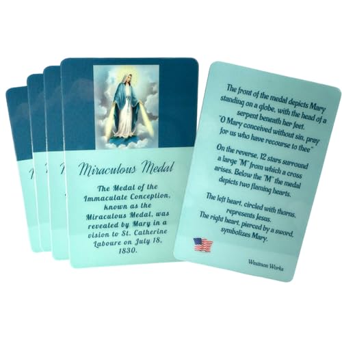 Westmon Works Miraculous Medal Set Mini Mary Italian Metal Medallion Bundle with Laminated Saint Prayer Holy Cards, Set of 5