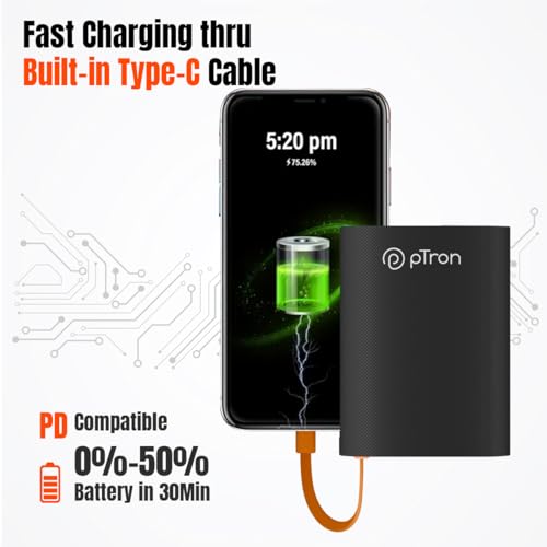pTron Dynamo Rush 10000mAh 22.5W Nano Power Bank, Compact Size Fast Charging, Supports VOOC/Wrap/Dash USB Charging, 20W PD Fast Charging, Built-in Type C Cable, 2 Output Ports & BIS Certified (Black) - Image 6