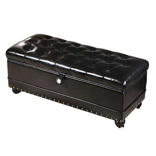 Banco de almacenamiento tapizado de cuero para entrada, sala de estar, dormitorio, pasillo, reposapiés de madera, armario, asiento de zapatos, puffe, silla, taburete de cama, color negro, 100 x 45 x