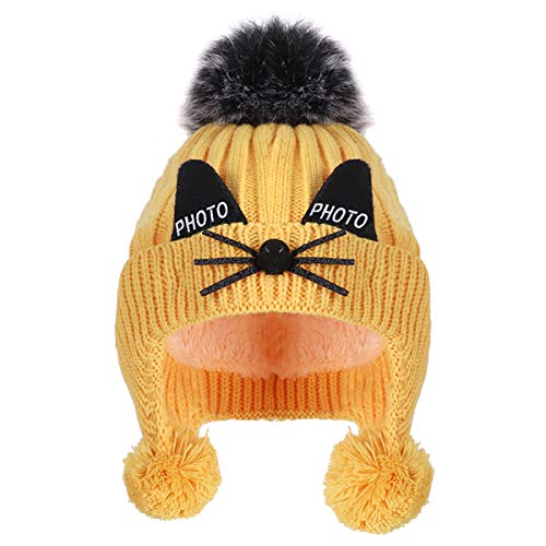 Bonnet enfant doublé coton tricoté doux chapeau chaud anti froid avec pompon fourrure