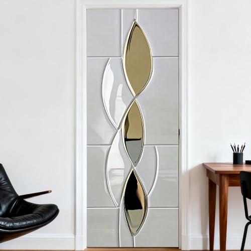 Image of Nuxovilar Gold Silver Leaf Door Sticker 30.3x78.7 Vinyl Decal | Door Covers, Wall Decals gold leaf wraps, peel stick murals home bedroom living room (Gold Silver Leaf)