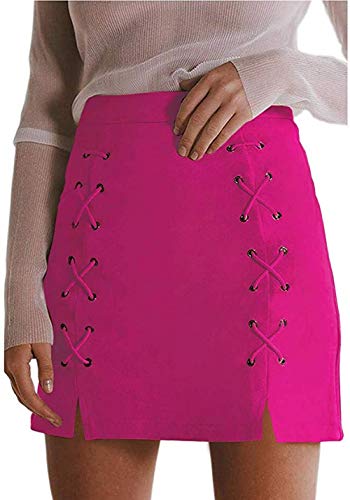 Katiewens Women's Classic High Waist Lace Up Bodycon Faux Suede A Line Mini Pencil Skirt Rose #TOP13