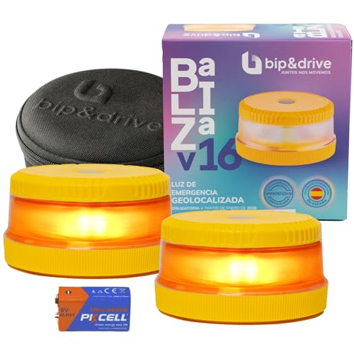 Baliza V16 Homologada DGT con Geolocalización | Luz de Emergencia Coche LED 360° 1km | Conectada DGT 3.0 | Resistente a la Lluvia | Indicador de Batería | Bip&Drive (2 Balizas + 2 Fundas)