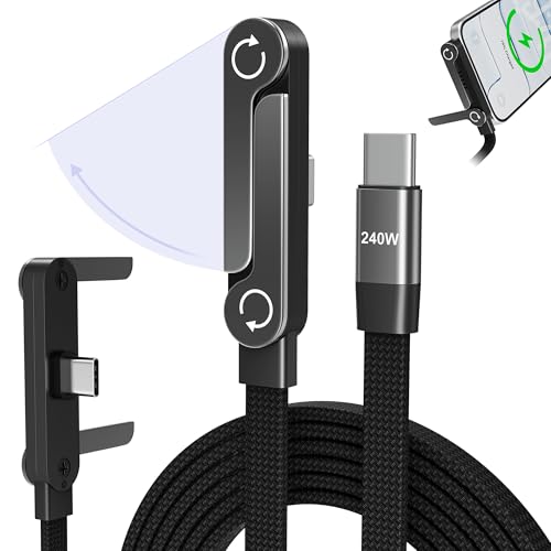 clickfish 240W USB C to USB C Cable with Built-in Stand 4.9FT T-Shaped 90 Flat Braided Fast Charger Invisible Holder Charger Cable with Stand Sideways Charging Cord for iPhone MacBook iPad