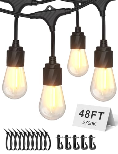 XMCOSY+ 48FT Outdoor String Lights Waterproof - LED Patio Hanging Lights for Outside Porch Backyard Gazebo Garden, Commercial Grade 16 Edison Bulbs