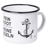 Emaille Tasse mit schwarzem Rand, leicht und bruchfest. Jeder Emaille Becher ist ein Unikat, ganz leichte Macken oder Unebenheiten sind typisch und verleihen dem Becher seinen eigenen Charme.