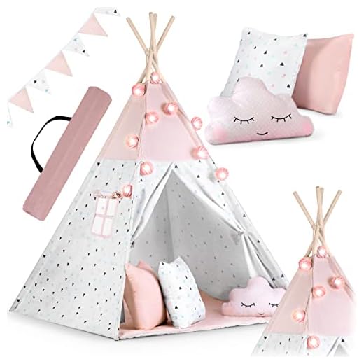 NUKIDO Kindertipi im Montessori-Stil Baumwolle und Holzrahmen mit Isoliermatte 3 Kissen Girlande Luftig Rosa