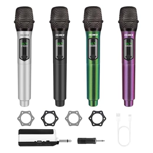 Talomen Micrófono inalámbrico profesional, sistema cuádruple 2.4 GHz, micrófono dinámico recargable con receptor, alcance de 160ft, ideal para karaoke, canto, fiestas, K604 Plata, Negro, Verde, Morado