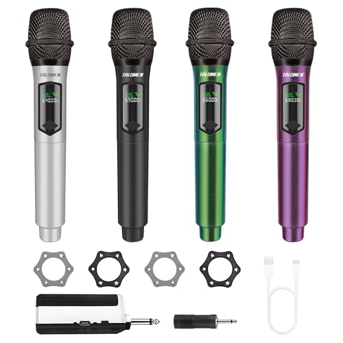 Talomen Micrófono inalámbrico profesional, sistema cuádruple 2.4 GHz, micrófono dinámico recargable con receptor, alcance de 160ft, ideal para karaoke, canto, fiestas, K604 Plata, Negro, Verde, Morado