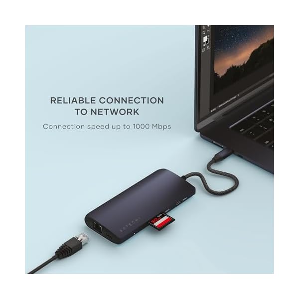 Satechi 8 in 1 USB C Hub Multiport Adapter V3, 8K HDMI, 100W Charging, 4 USB Data Ports, Ethernet, SD Card Reader, for Laptop, for Mac/Windows, MacBook Air/Pro M4, iPad - Midnight - Image 7