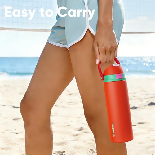 Image of Insulated Water Bottle with Straw - Encool Stainless Steel Water Bottle with Push Button Lid, Leak-Proof & BPA-Free, Keeps Cold for 24 Hours for Sports, Travel, Gym (24 oz, Grapefruit Red)