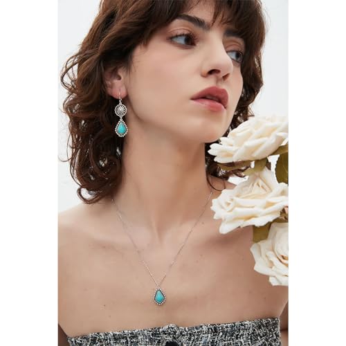 Colloca Turquoise Dangle Earrings & Necklace Set for Women, 925 Sterling Silver Western Bohemian Necklace, Boho Jewelry, Gift Box included3