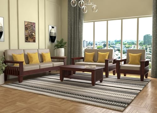 Image of Sheesham Wooden 6 Seater Sofa for Living Room | Rosewood 6 Seater Cushion Sofa with Side Newspaper Holder for Home & Office (-Mahogany,3+2+1 Seater)
