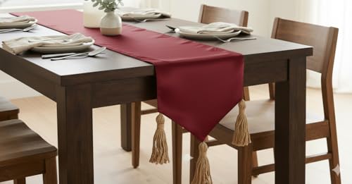 Image of E-EZRA New Year Christmas Decor Silk Velvet Dinning Table Runner Coffee Table Long Plain Table Long Runner Traditional Dining Table Cloth Runner Up | 14 x 90 inches Red