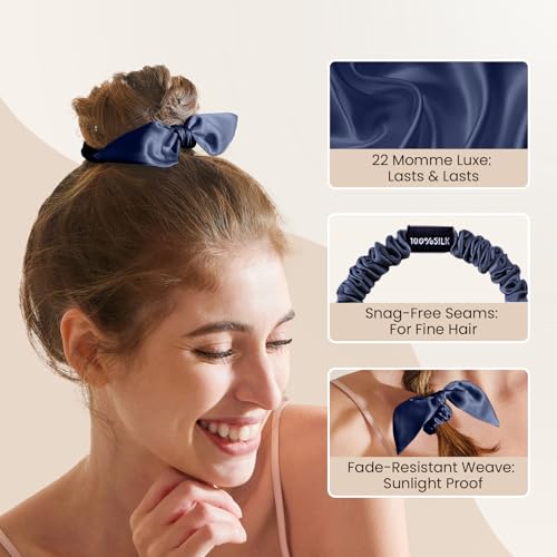 Image of THXSILK 100% Mulberry Silk Bow Scrunchies 3-Pack, 22 Momme Cute Bunny Ear Hair Ties for Women, No Damage Ponytail Holders for Fine Hair, Kawaii Hair Accessories for Girls(Red, Green, Navy Blue)