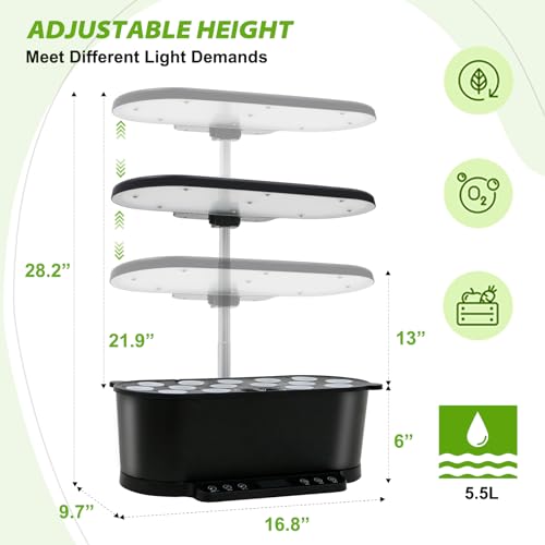 Image of EAGLE PEAK 15 Pods Hydroponics Growing System with WiFi, 5.5 L Water Tank, Smart Indoor Plants Germination Kit with LED Grow Light, Pump System, Adjustable Height for Home Kitchen Gardening, Black