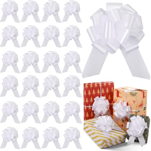 WILLBOND 24 Pieces 5 Inch Christmas Pull Bows Bulk for Wrapping Gift Large Bow with Ribbon Assorted Bows Pull String for Christmas Basket Party Present, Birthday, Wreath, Gift Basket(White)