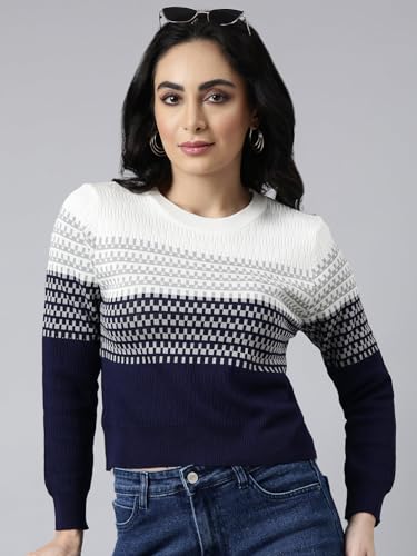 Image of SHOWOFFFF Women Geometric Fitted Casual Top | Round Neck Full Sleeves Knitted Top's for Womens | Regular Fit Midi Tops for Women's