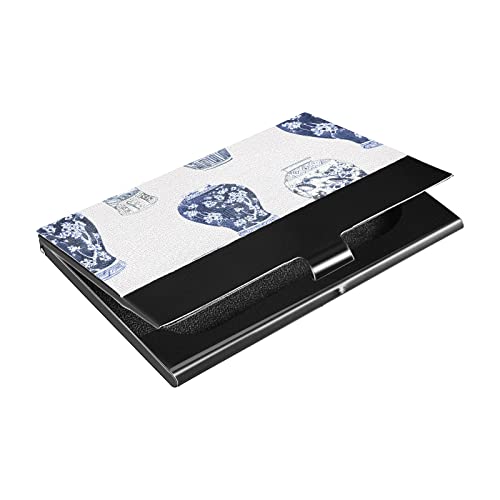 susiyo Blue and White Porcelain Flowers Business Card Holder, Slim Business Name Card ID Case Pocket Organizer Professional PU Leather & Stainless Steel for Men & Women