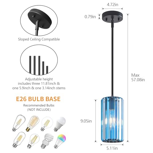 Image of Modern Crystal Pendant Light Mini Light Blue Chandeliers Adjustable Pendant Lights Fixture for Kitchen Island Dinning Room Corridor Bedroom(Light Blue 3-Pack)