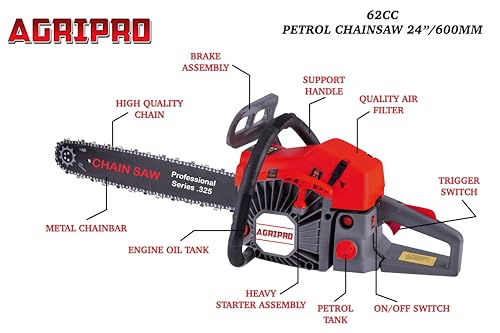 Image of Agripro AG-6400, 62CC | 4.5Hp | Powerful 2 Stroke Petrol Chainsaw | 24 Inch Chainbar and Chain | For Wood Cutting, Gardening & Farm Use | Low Fuel Efficient