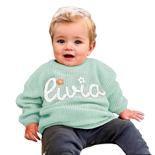 Handcrafted Baby Knit Sweater with Custom Embroidered Name or Monogram, Specialized Gift for Infant Girl, Boy, Toddler, Kid 12-18M Light Green