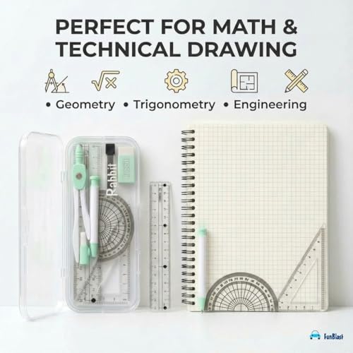 Image of FunBlast Rabbit Theme Compass Set - 7 Pcs Transparent Geometry Box with Protector, Set Squares, Ruler, Compasses, Ruler Set, Math Geometry Kit for Student & Professional (Green)