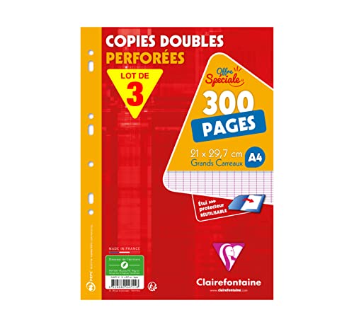 Clairefontaine 447111AMZC Lot de 3 Étuis de Copies Doubles Perforées - A4 21x29,7 cm - 300 Pages Grands Carreaux - Papier Blanc 90 g - Étui Réutilisable